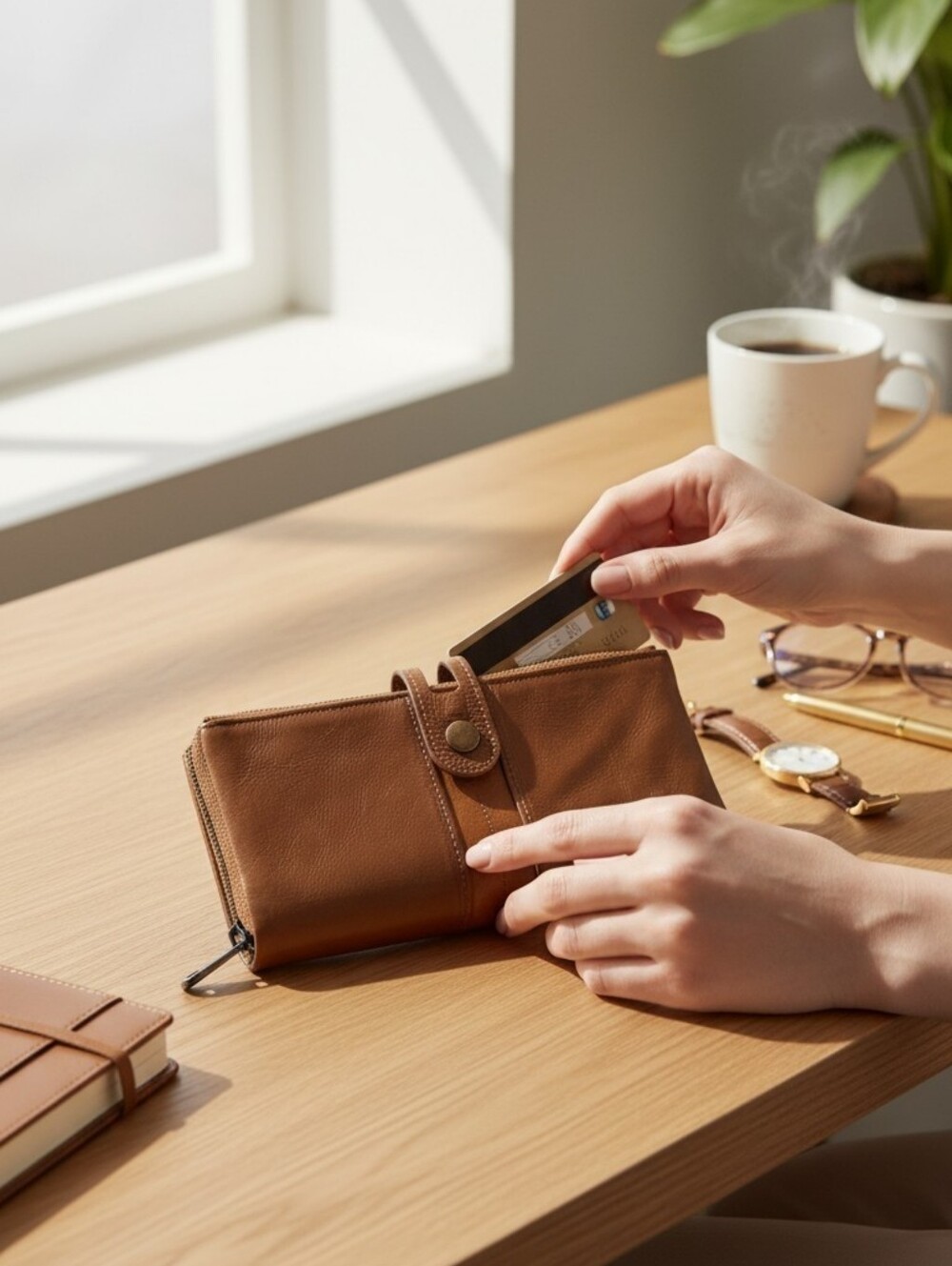 Roulene Classic Brown Leather Wallet - Zip & Snap Closure